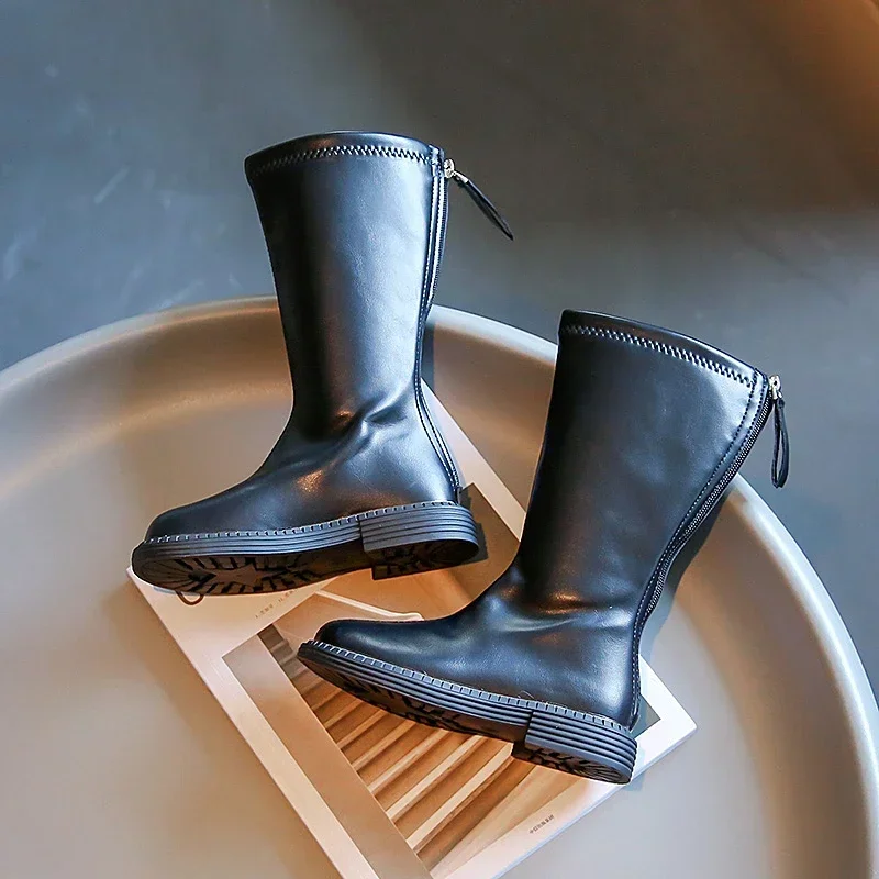 Dziecięce buty do kolan dla dziewczynek proste klasyczne modne dziecięce skórzane buty zamek błyskawiczny z tyłu długie motocyklowe zimowe nowe