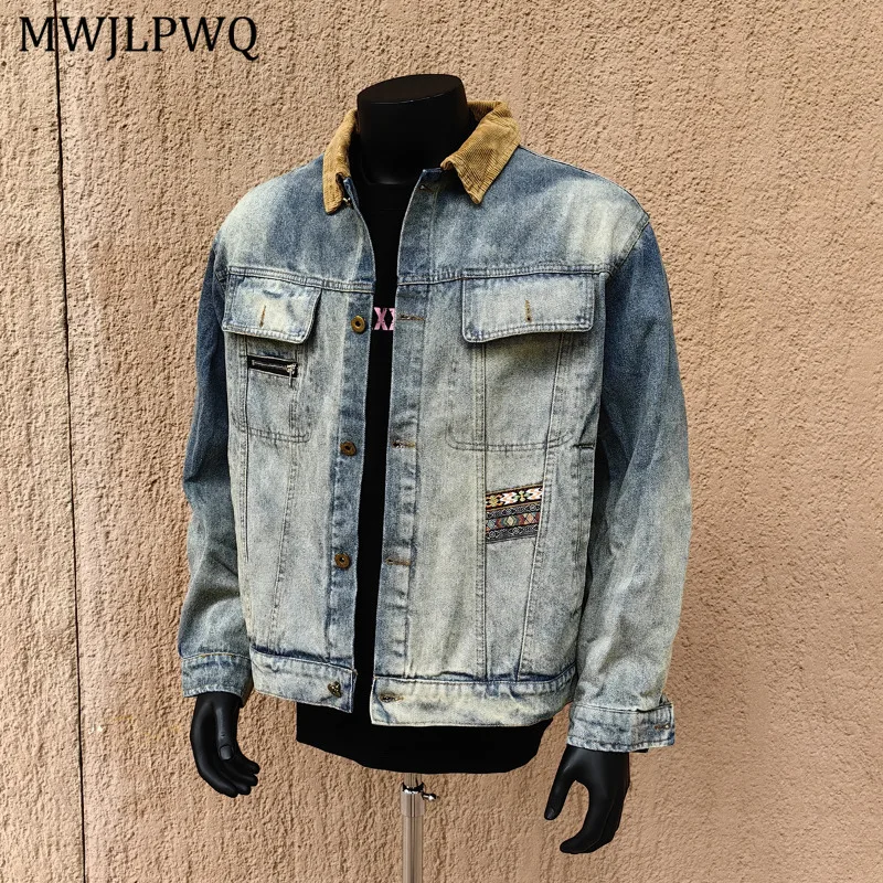 

MWJLPWQ Trendy Washed Vintage Patchwork Turn-down Collar Denim Jacket For Men Autumn New Versatile Male Loose Casual Coat 11151