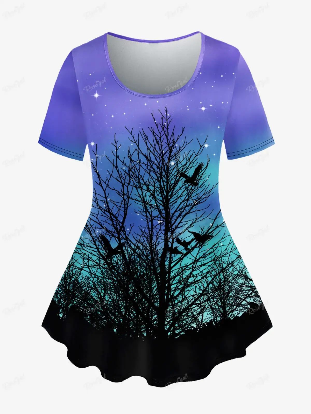 Plus Size Galaxy Bird Tree Printed Short Sleeves High Stretch T-shirt Ombre Tee Oversize Women's Casual Top XS - 6X