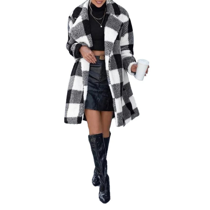 Women's Blend 2025 Autumn Winter New Plaid Long Coat Turn Down Collar Long Sleeve Loose Fit Unbuttoned Casual Outerwear