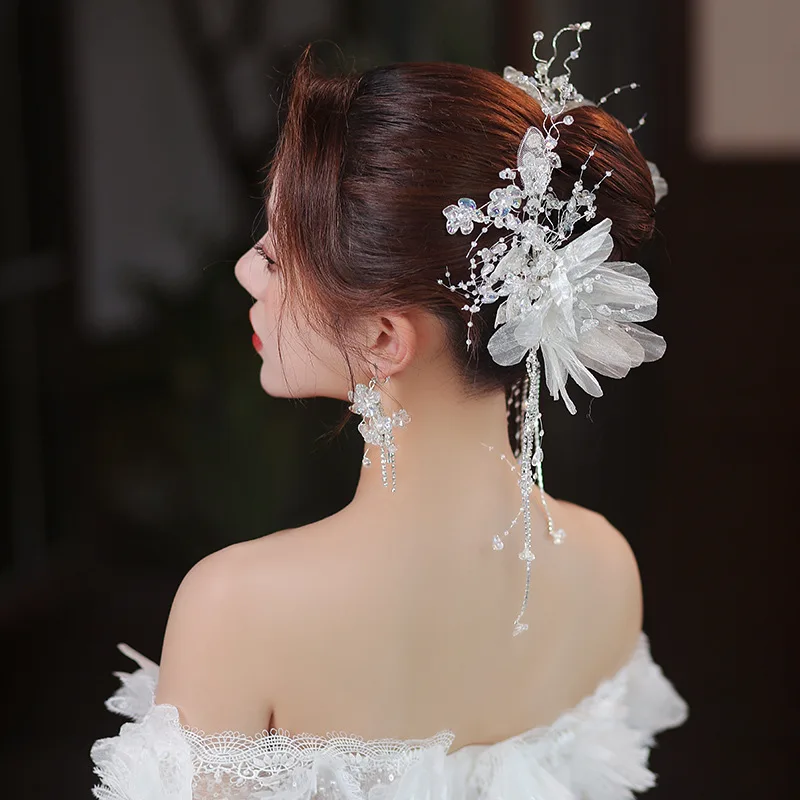 Bridal Head Flower Set New Korean Forest Floral Crystal Tassel Hairpin Super Fairy Wedding Makeup  Hair Accessories