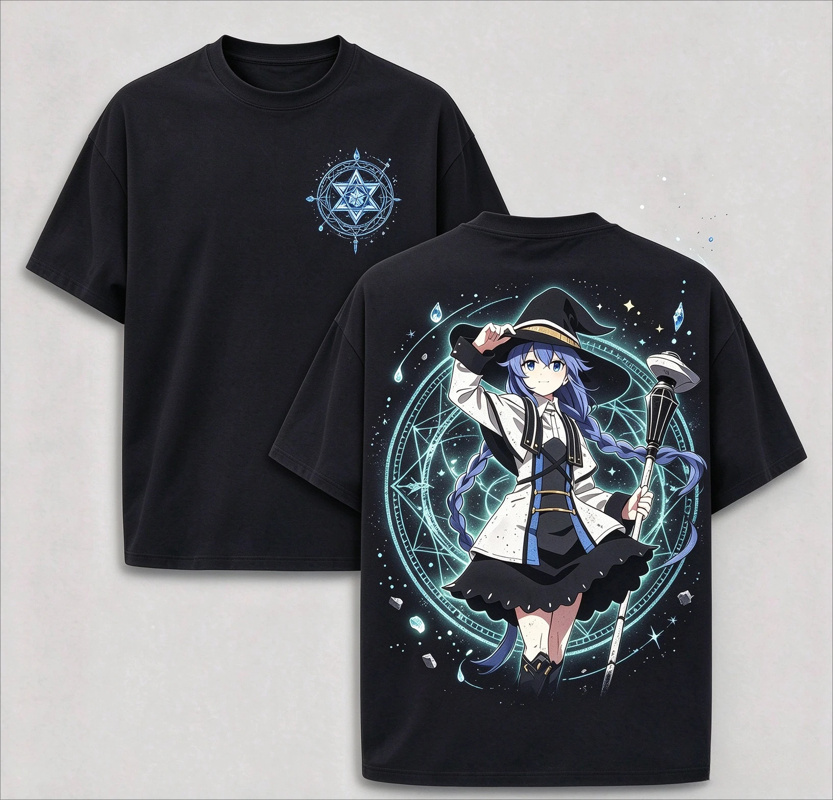 Anime Witch Girl Magic Circle Graphic T Shirt Front Back Print Men Women Oversized Tees Harajuku Streetwear Summer Popular Tops