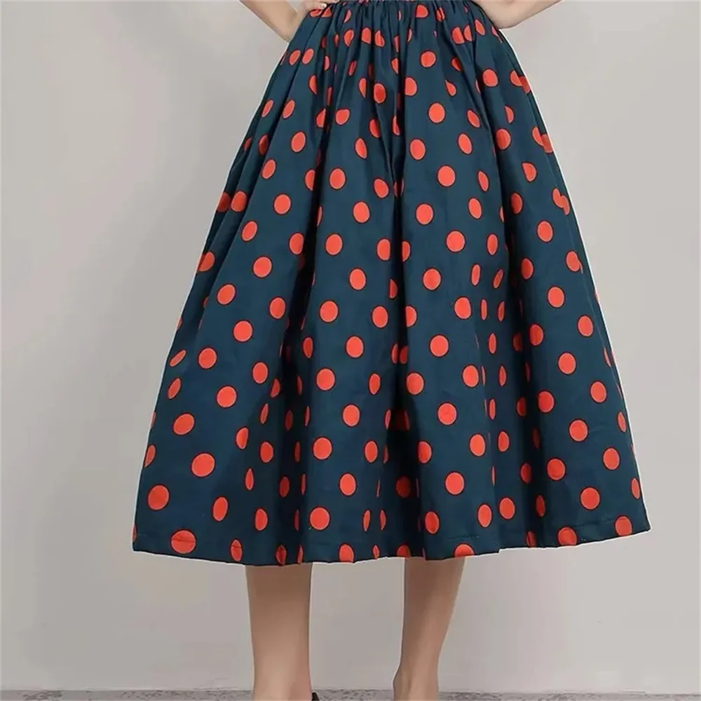 Women Vintage Polka Dot Midi Skirt High Waist A-Line Flared Swing Skirt Casual Elegant Retro Party Office Lady Skirts Streetwear
