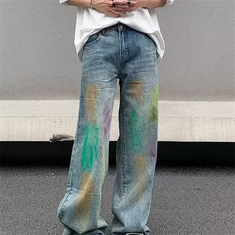 New Men's Rainbow Graffiti Printed Denim Pants Y2K Streetwear Baggy Jeans Blue Hip Hop Straight Jean Hombre Wide Leg Trousers