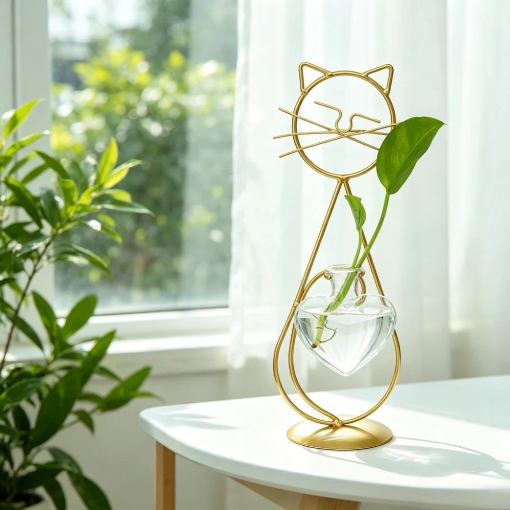 Creative Cat Metal Frame Heart Shaped Glass Vase Transparent Hydroponic Planter Home Office Tabletop Decoration