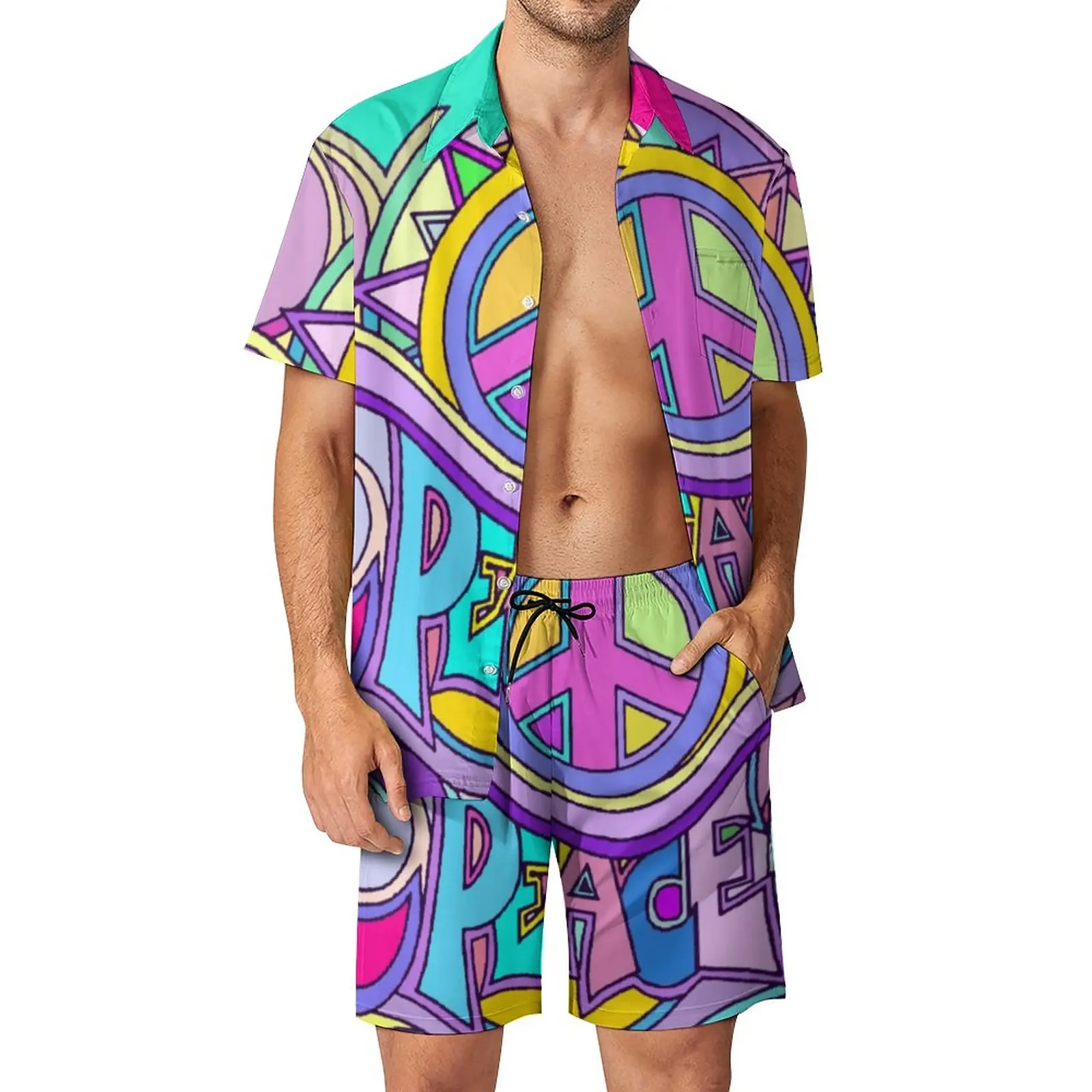 Flower Power Peace Men Sets Retro Hippy 70s Casual Shirt Set Trendy Beach Shorts Summer Graphic Suit 2 Piece Clothing Plus Size