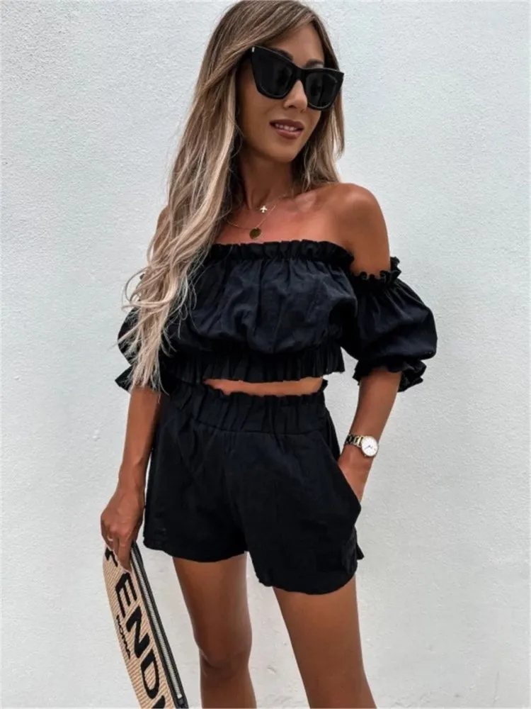 Summer Fashion Sexy Women\'s Two Piece Set Suit Strapless Puff Sleeve Solid Super-short Top Set Party 2 Piece Set For Women 2024