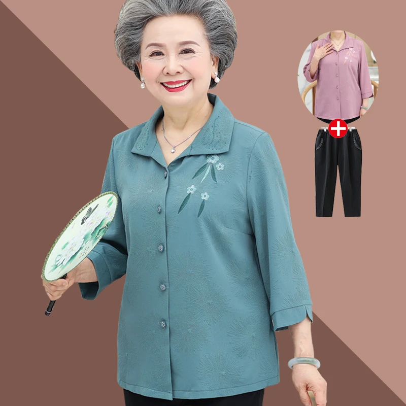 

Elegant Thin Silk Shirt for Elderly Women Quarter Sleeve Collar Single Button Closure Pure Color Loose Fit Spring Autumn...