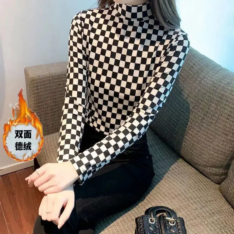 Double Faced Velvet Autumn Winter New Half High Collar Interior Lapping Warm Tops Long Sleeve T-shirt Solid Color Printed Casual