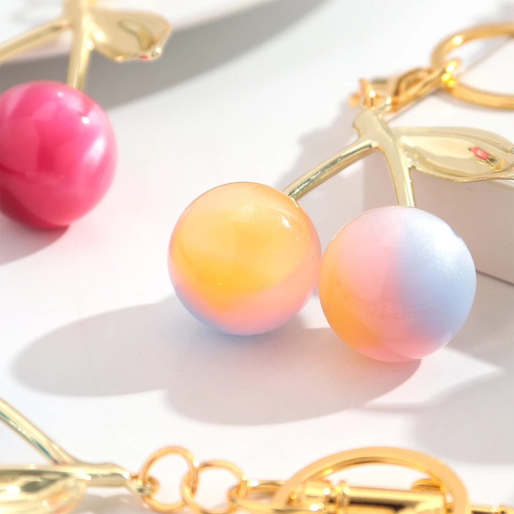 New Trendy Gradient Iridescent Cherry Resin Pendant Keychain for Women Bag Charm Decoration Jewelry Car Accessories Keyring Gift