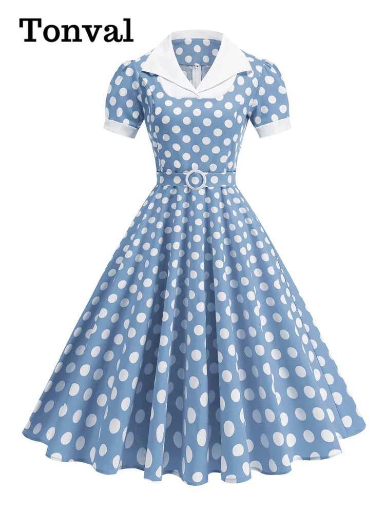 Tonval Contrast White Collar 1950s Vintage Clothes for Women Belted Polka Dot Cotton Rockabilly Pockets Side Midi Dresses