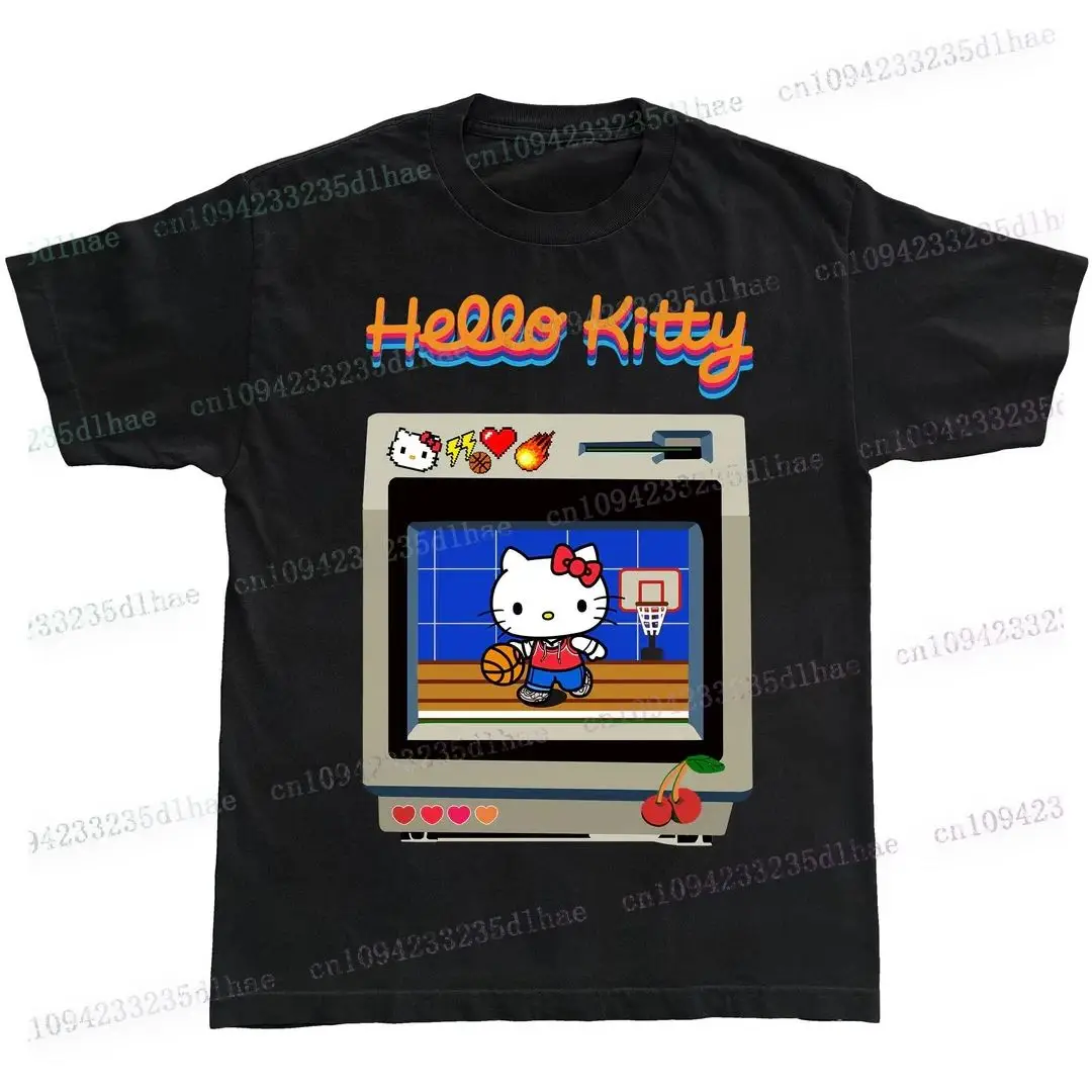 الفضاء خربش مرحبا كيتي المحملة أنيمي قميص رجالي الكرتون القط تي شيرت Harajuku Kawaii الصيف تيز ملابس قطنية هدية فكرة تيز