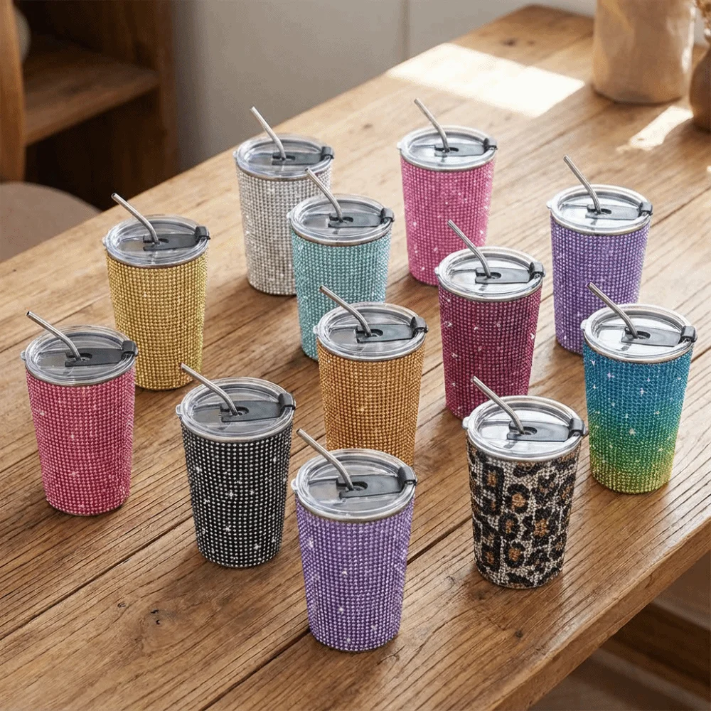 Drinkware 500ml Rhinestone Water Cup Bling Reusable Glitter Coffee Mug Unbreakable Sparkling Stainless Steel Water Bottle Office