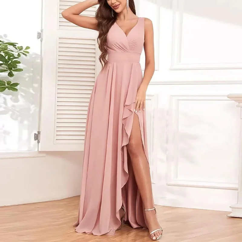 

Customized Simple Chiffon Sash Ruffle Draped A-line V-neck Long Dresses Bespoke Occasion Dresses Casual Elegant Sizes Available