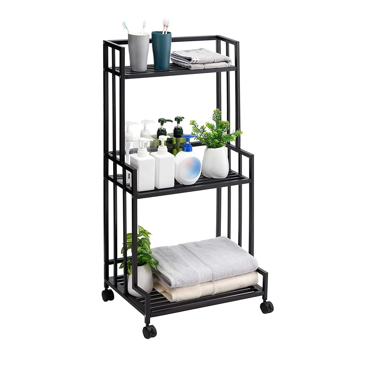 

Three-layer wrought iron ladder flower stand with wheels, indoor outdoor garden potted plant ladder stand