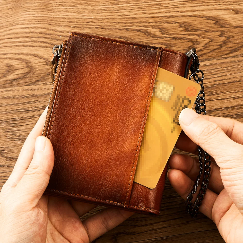 Visitenkartentasche aus echtem Leder, Kartentasche aus Rindsleder, RFID-Anti-Diebstahl-Karte, Führerschein, Kette, Reißverschluss, Geldbörse