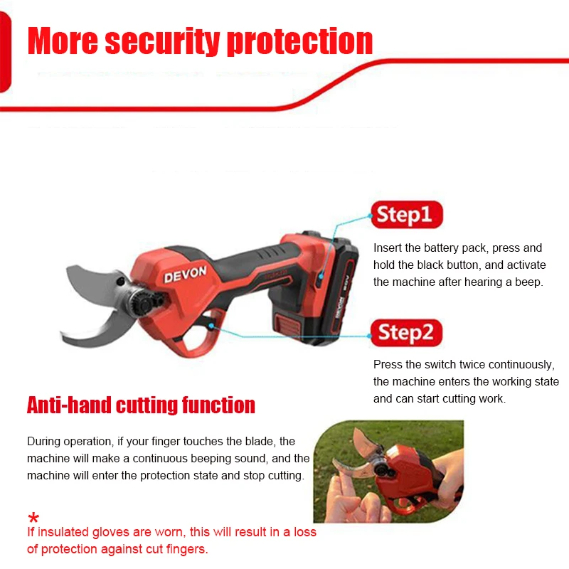 Devon Cordless Electric Pruners Brushless 8305 20v SK5 Alloy Blade Adjust Cut Diameter 35/25mm Against Accidental Cuts Fingers