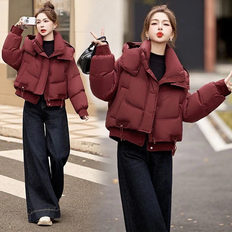 Femme Hooded Loose Cotton Padded Coat Winter Lady Solid Color Short Parkas Outwear Korean Women Fashion Loose Down Cotton Jacket