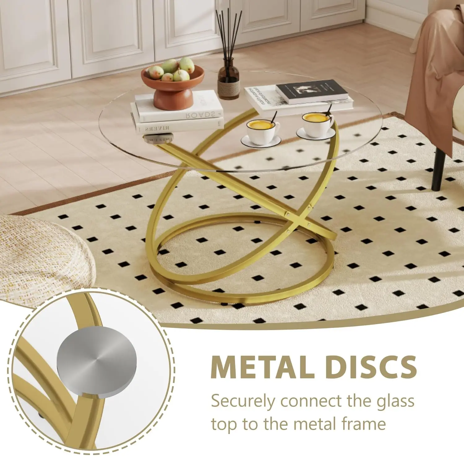 Glass Coffee Table, Round Ring Gold Metal Frame, Large Modern Minimalist Coffee Table For Decoration