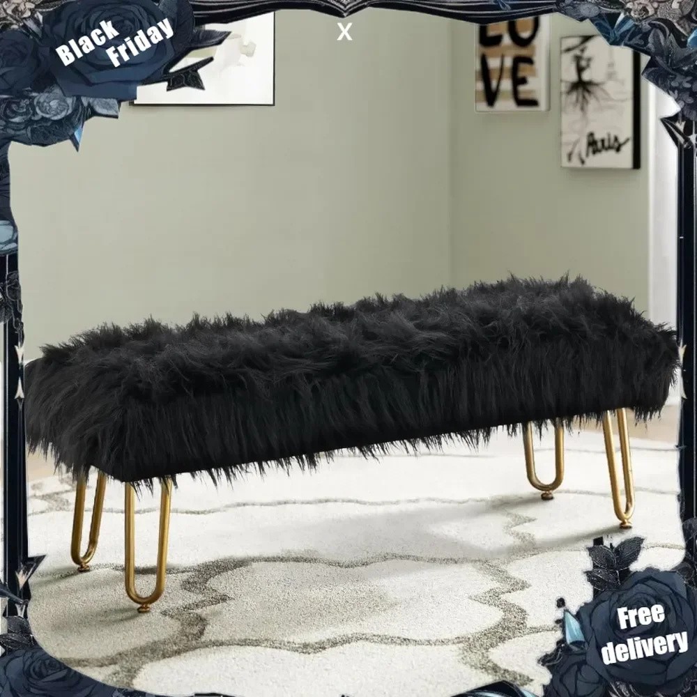 

Black Faux Fur Ottoman Bench Upholstered Furry Entryway Bedroom Bench with Gold Metal Legs