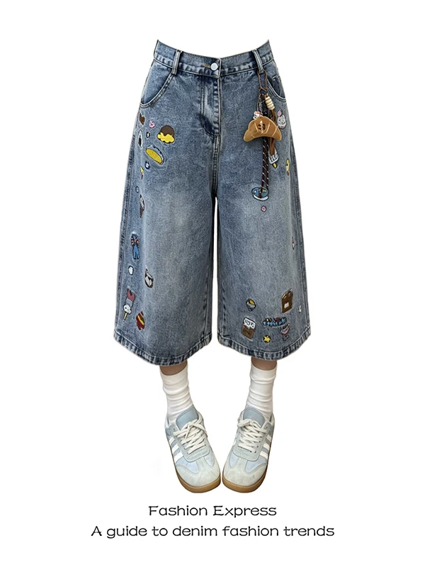 

Blue Summer Thin Denim High Waist Shorts Women's Casual Style Slimming Embroidered Wide Leg Pants Student Friendly Cotton Blend