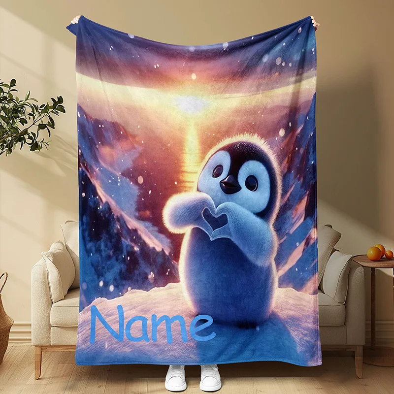 Sunset Penguin Printed Flannel Bed Blanket Modern Style, Hand Washed, Multi functional Knitted Fabric