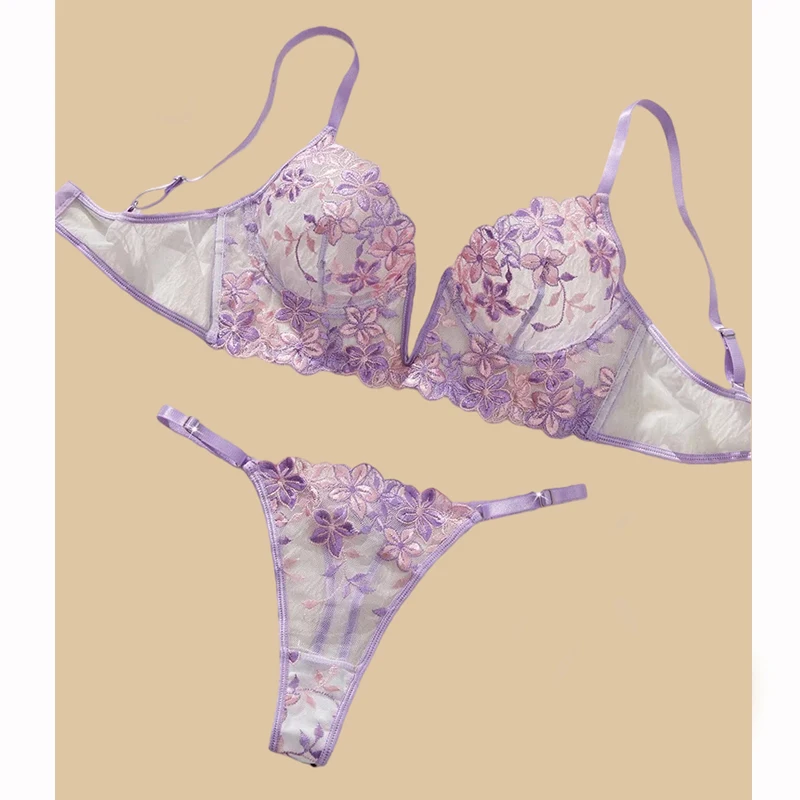 

Women Lingerie Ultra Sexy Romantic Purple Lingerie Set Deep V Push Up Bra Mesh Underwear Bi-color Embroidery Fancy Underwear