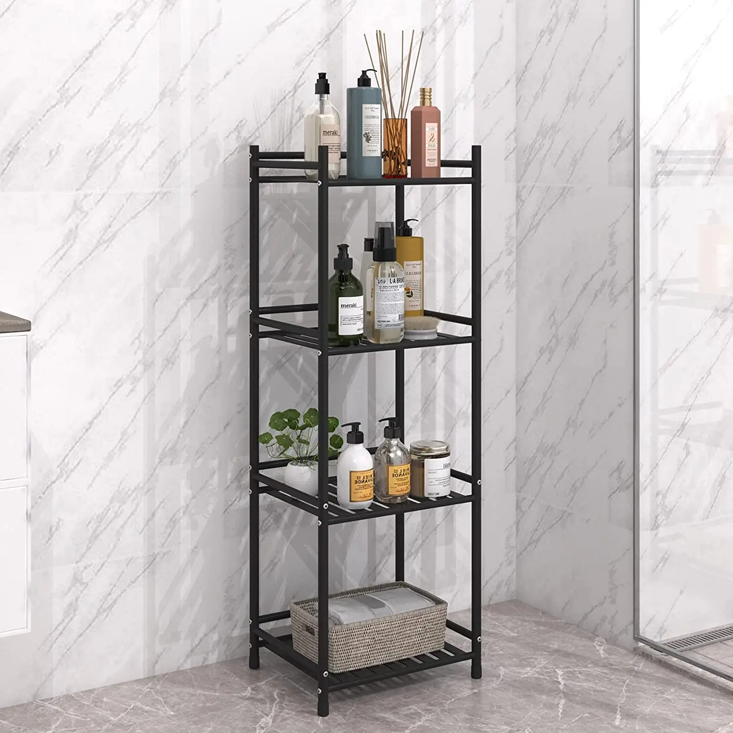 4 Tier Bathroom Storage Open Shelf Unit Free-Standing Metal Corner Rack Shelving for Kitchen, Living Room, Hallway