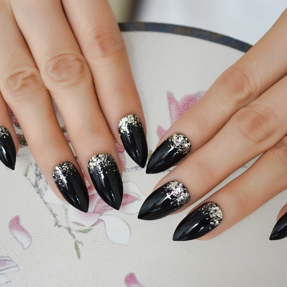 Klasyczne czarne francuskie sztuczne paznokcie Stiletto Łatwe w noszeniu Bling Glitter Sharp Design 24szt Press On DIY Bling UV Nails