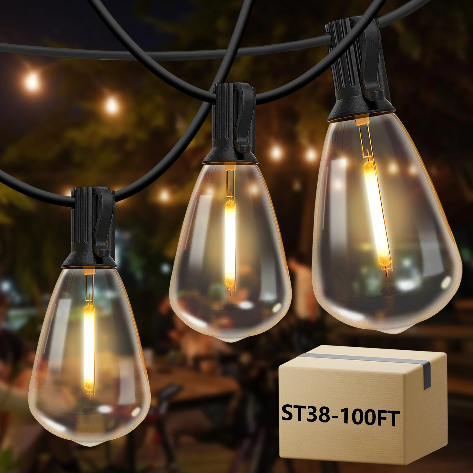 100ft Outdoor String Lights Waterproof, ST38 Globe Led Patio Lights with 24 Edison Vintage Bulbs, Connectable Outdoor Lights for