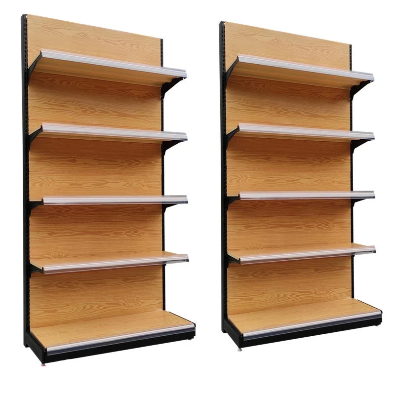 custom.Heavy Duty Metal & Wood Grain Supermarket Shelf Display Stand Stationery Hardware Candy & Chips