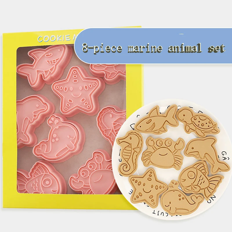 8Pcs/set Cookie Cutters Plastic 3D Marine life  Cartoon Pressable Biscuit Mold Cookie Stamp Kitchen Baking Pastry Bakeware Tool