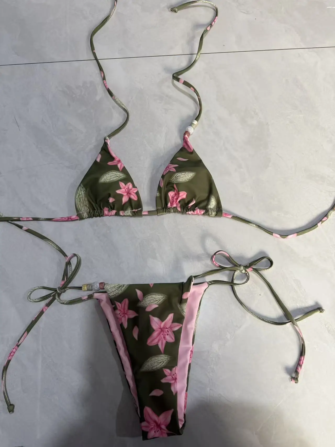 

New Boho Style Floral Pattern Women's Micro Bikini Set Bead Decor Swimsuit Sexy Backless Bandage Swimwear Bathing Suit Beachwear