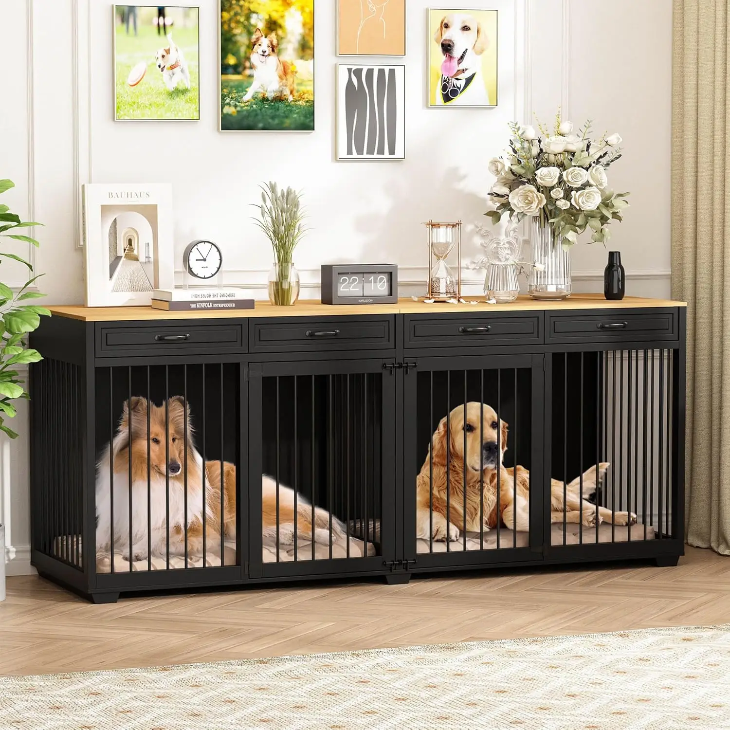 

Extra Large Dog Crate Furniture, 93 Inch Heavy Duty Wooden Dog Kennel with Drawers & Removable Divider, Dog House, Black