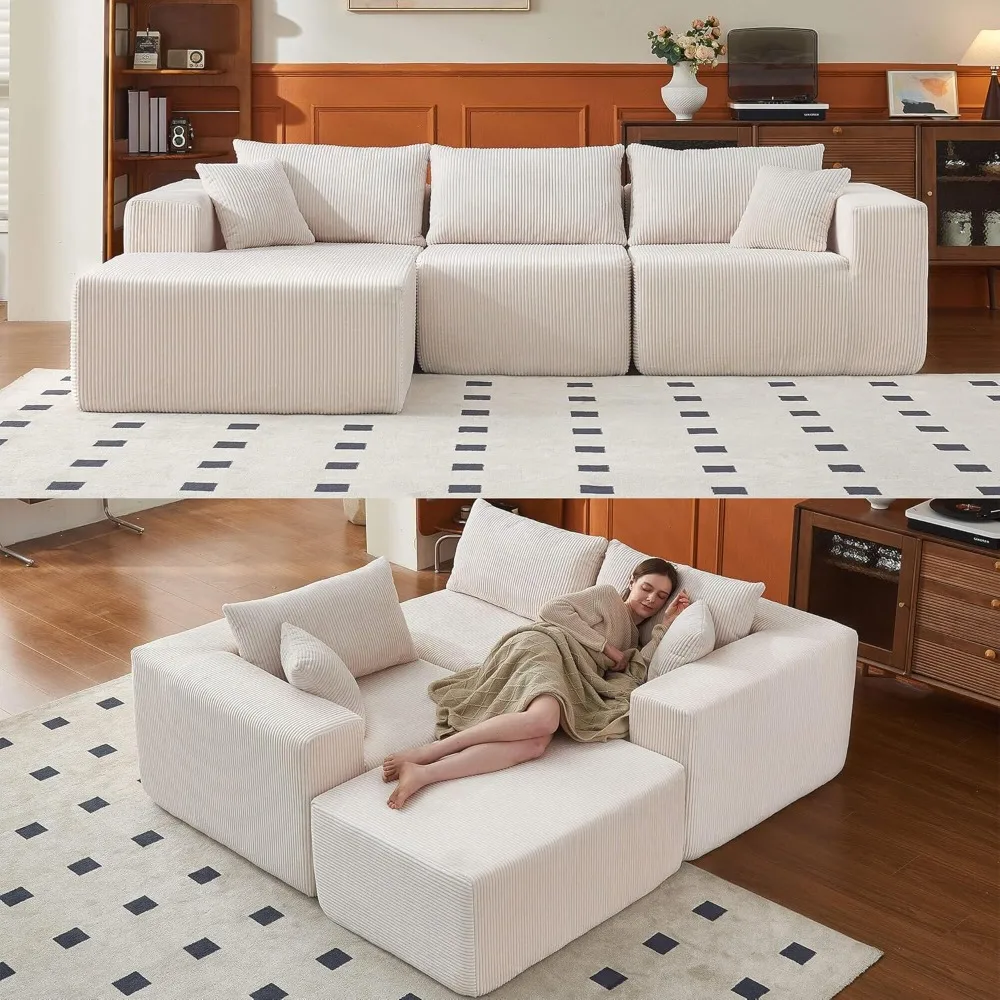 

108" Modular Sectional Sofa with Ottoman – L-Shaped Modern Corduroy Couch for Living Room, Bedroom, Home Office – Space-Saving