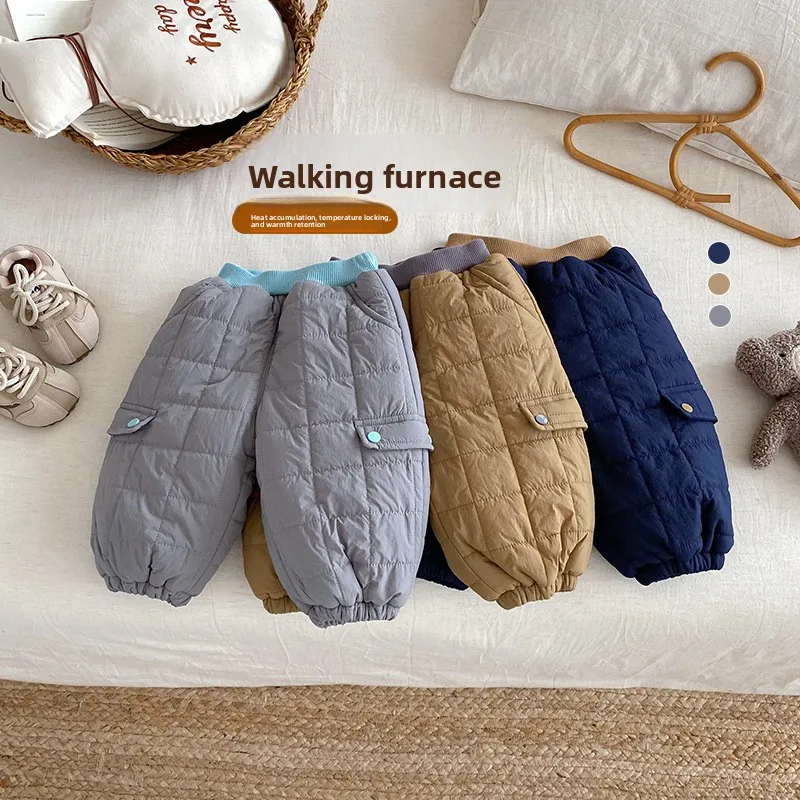 Children's Solid Color Cotton Pants 2025 New Winter Boys' Fashionable Quilted Thick Work Pants Baby Winter Pants