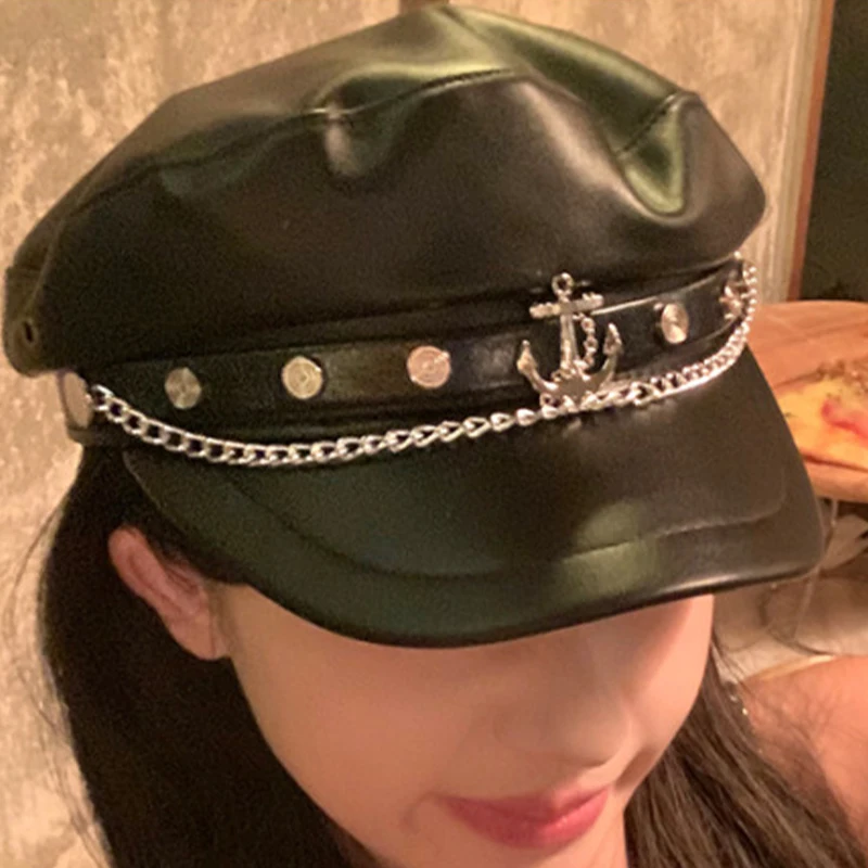 Retro British Style Berets Female Korean Pu Leather Casual Cap Boat Anchor Chain Link Rivet Decoration Japanese Octagonal Caps view 4