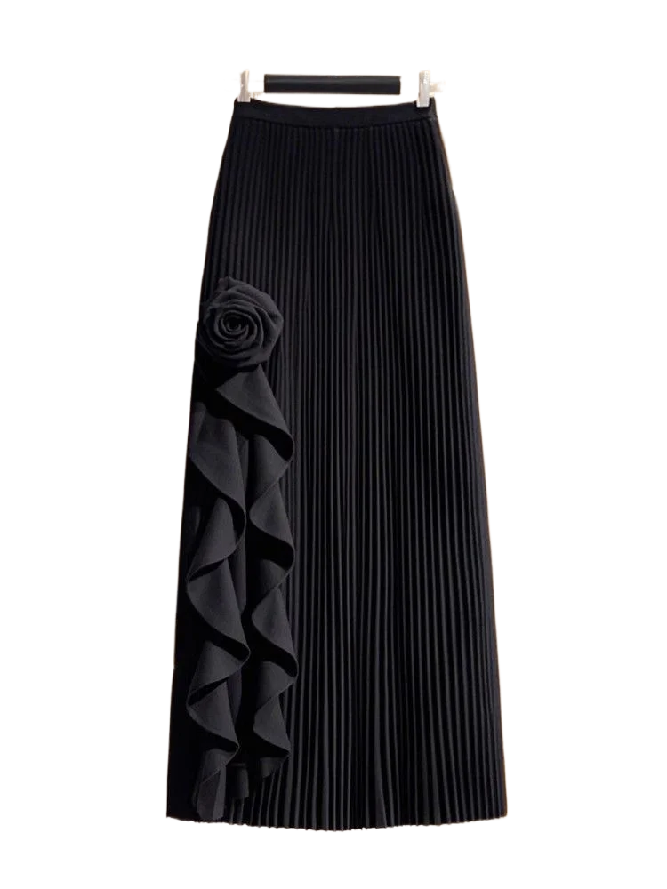 Spring and autumn new black A-line skirt women slimming waist design sense in the long temperament elegant wind