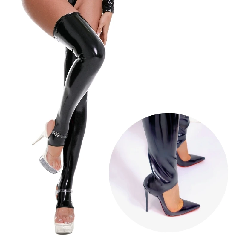 Damen Plus Size PVC Wetlook Overknee-Strümpfe aus Lackleder mit freiliegenden Zehen für Nachtclub-Bühnenauftritte
