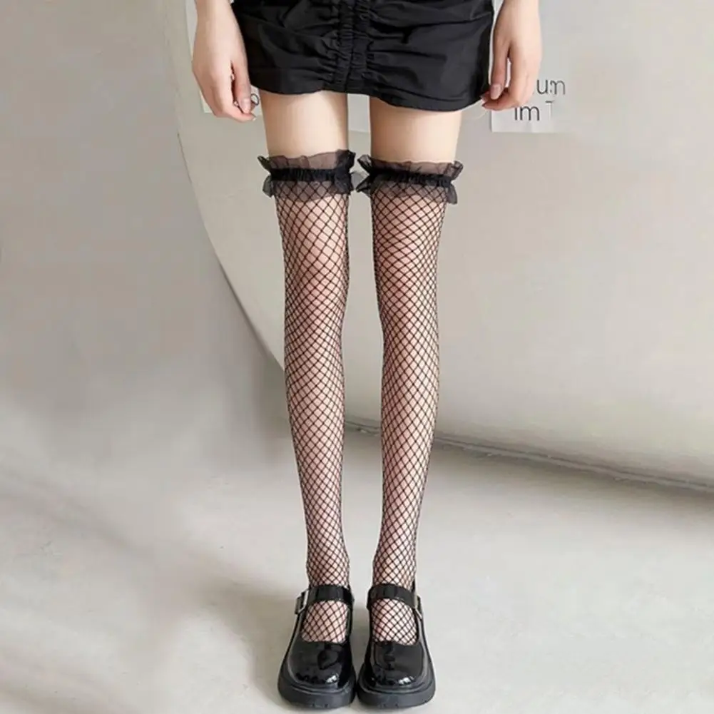 

1 Pair Stockings Lace Fishnet Hollow Out Shirring Solid Color Ultrathin See-through Lolita Long Socks Cosplay Stockings