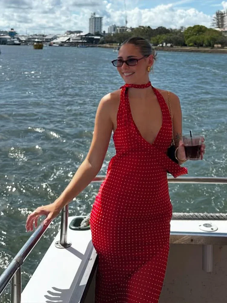 Polka dot print moda maxi vestido feminino cachecol + halter baixo pescoço bandagem sem costas robe férias tendência elegante vestidos