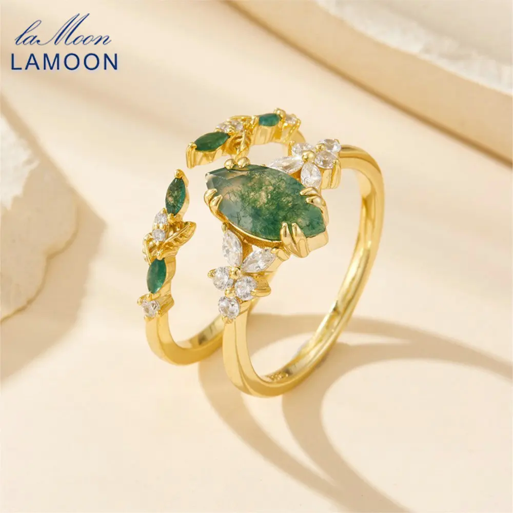 

Наборы колец LAMOON с натуральным моховым агатом и драгоценным камнем для женщин, роскошные элегантные ювелирные изделия в придворном стиле из стерлингового серебра 925 пробы, золото Vermeil