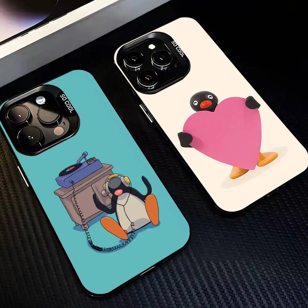 

Happy Playful black Penguin Phone Case For iPhone16 15 14 13 12 Pro Max Grey Black Matte Laser Metallic Aurora Funda
