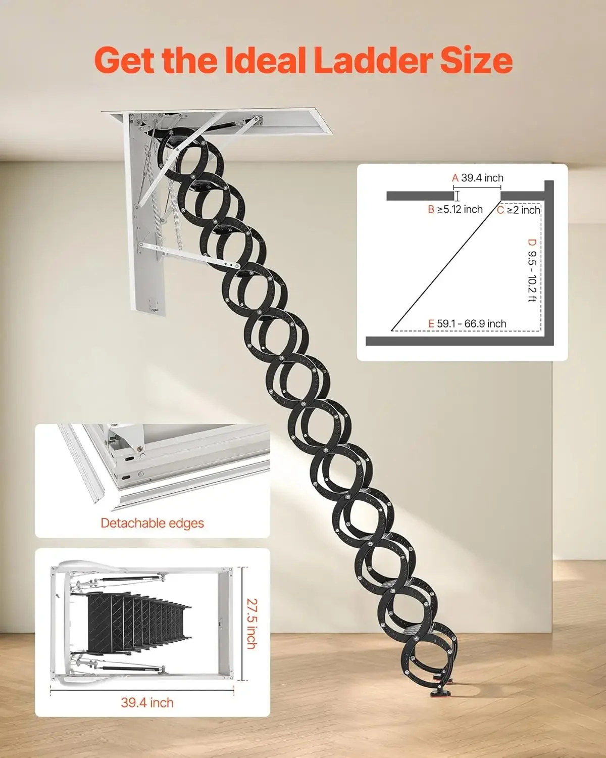 Attic Ladder, 660LBS/299.4KG Capacity, Fits 9.5 to 10.2 ft Ceiling Height and 39.4 x 27.5 inch Opening Size, Alloy Steel