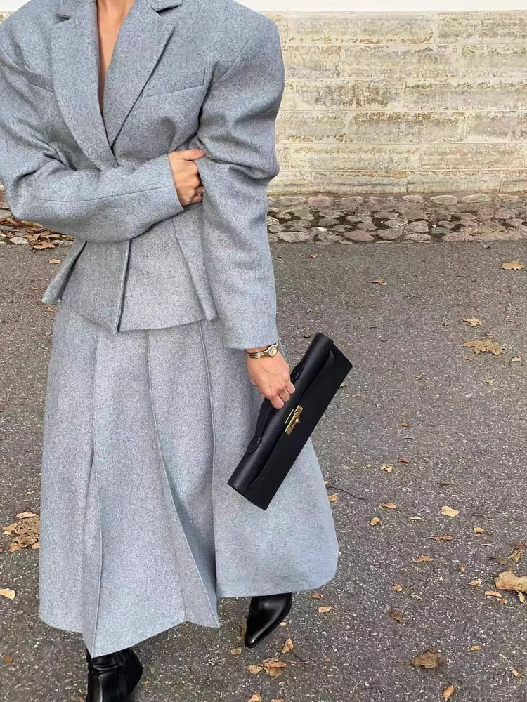 

Элегантное шерстяное пальто, юбки, комплект, женские серые пиджаки с лацканами и скрытой пряжкой, плиссированная юбка, осень-зима 2021, новые женские офисные наряды