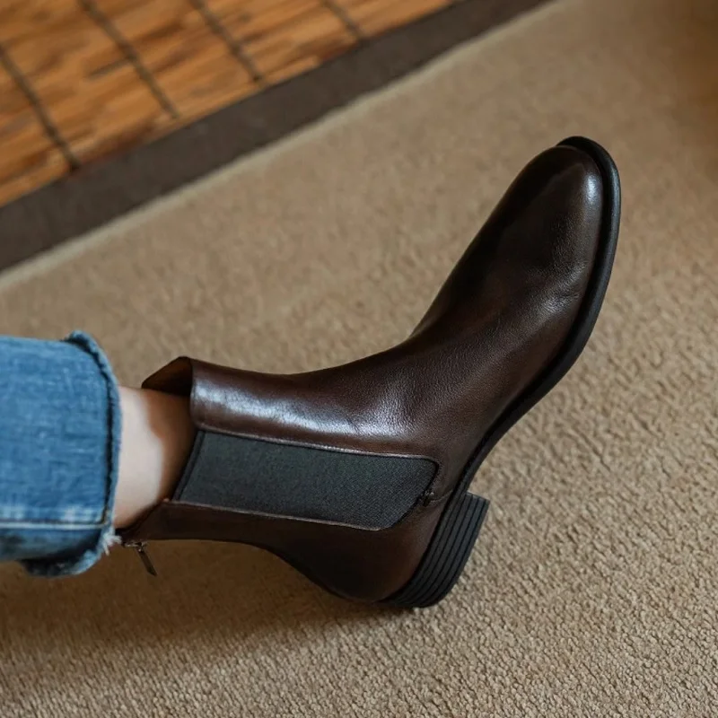 

Women Basic Chelsea Boots Thick Heel Spring Autumn Slip On Ankle Boots Vintage Style Winter Shoes Woman Cowhide Casual Shoes