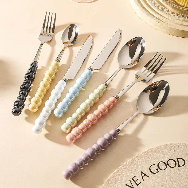 Ceramic Pearl Handle Flatware Set  Stainless Steel Cutlery Set Creativity Knife Spoon Fork Tableware Set