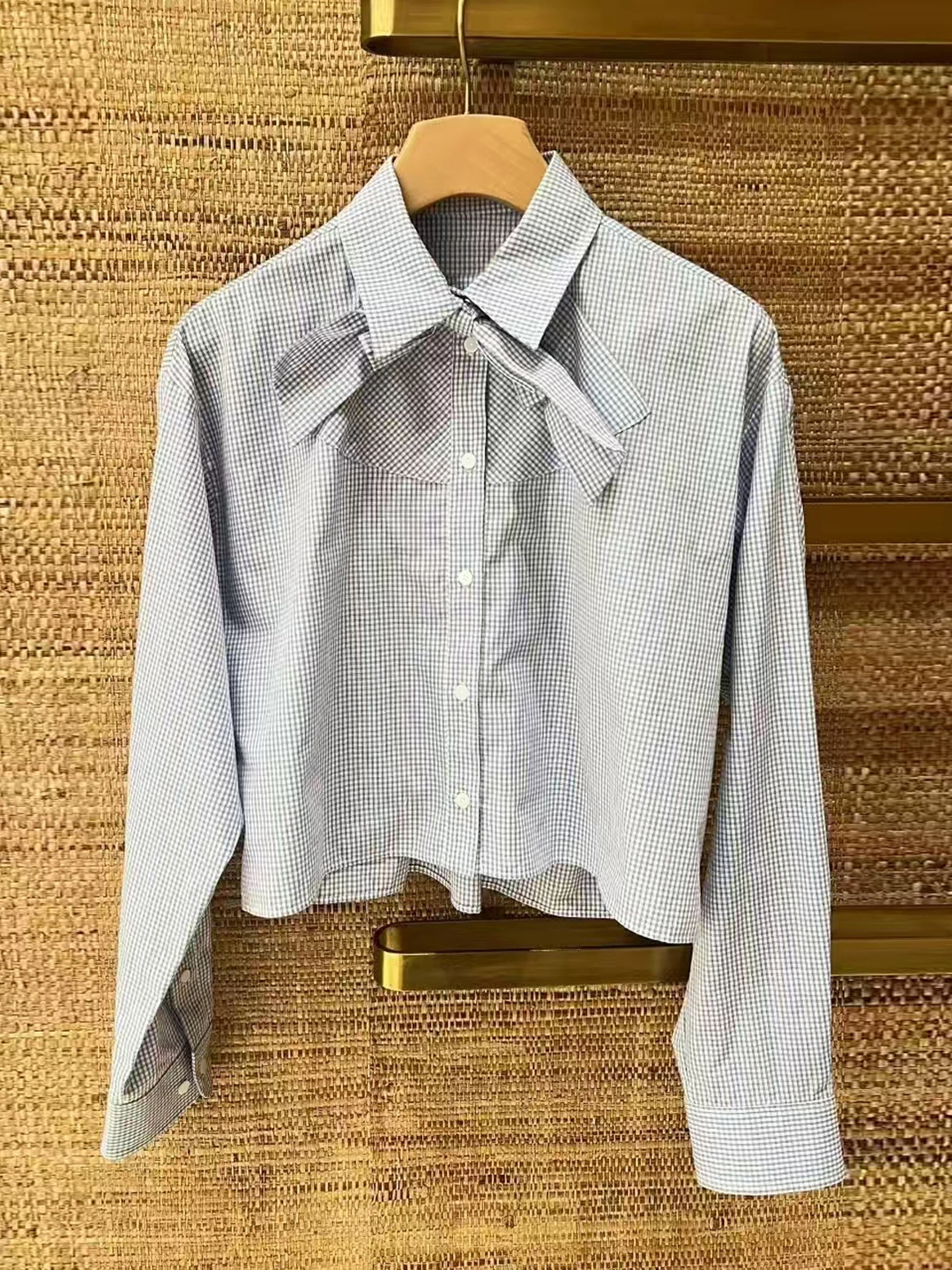 

S Home South Oil High End Women's Casual Plaid irt Spring Autumn Seasonal Turn-down Collar Knot Top Fem