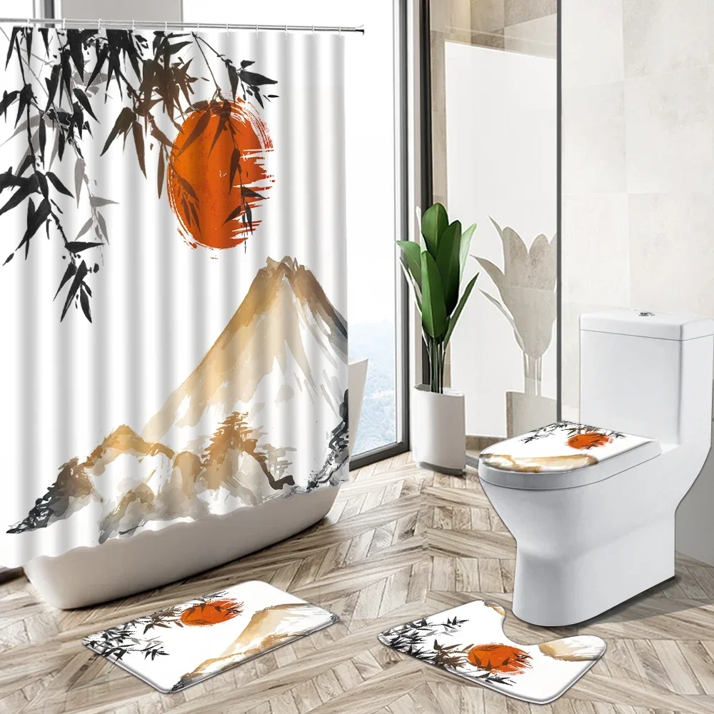 Landscape Ink Painting Bamboo Leaf Plum Blossom Sun Shower Curtain Set Chinese Decor Bath Mat Toilet Lid Cover Bathroom Carpet