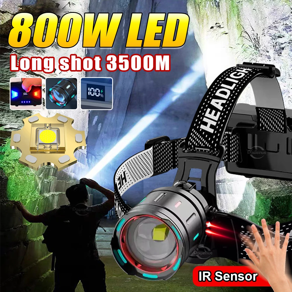 800W Super Powerful LED Headlight Rechargeable Head Flashlight Waterproof High Power IR Sensor Headlamp 3500M Fishing Lantern